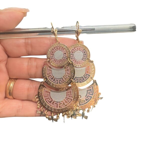 Gold Filled Womens Three Tones Greek Key Chandelier Butterfly Dangle Earrings - Picture 8 of 8